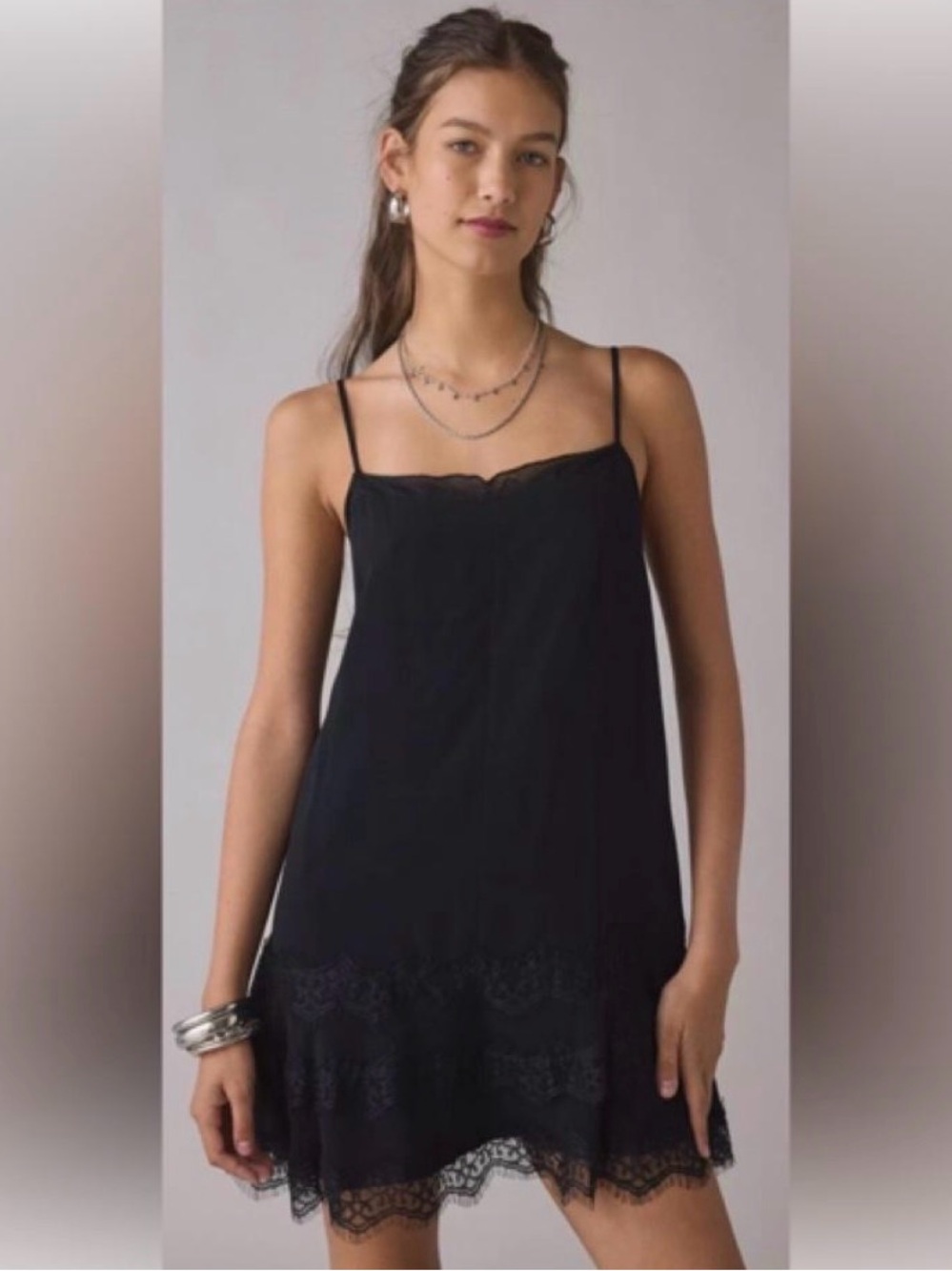 Urban Outfitters Black Lace-Trim Mini Slip Dress